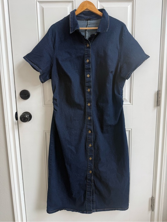 Elaquor Dresses & Skirts - Casual Dark Blue Denim Button-Front Fitted Midi Shirt Dress Chic Minimal Western